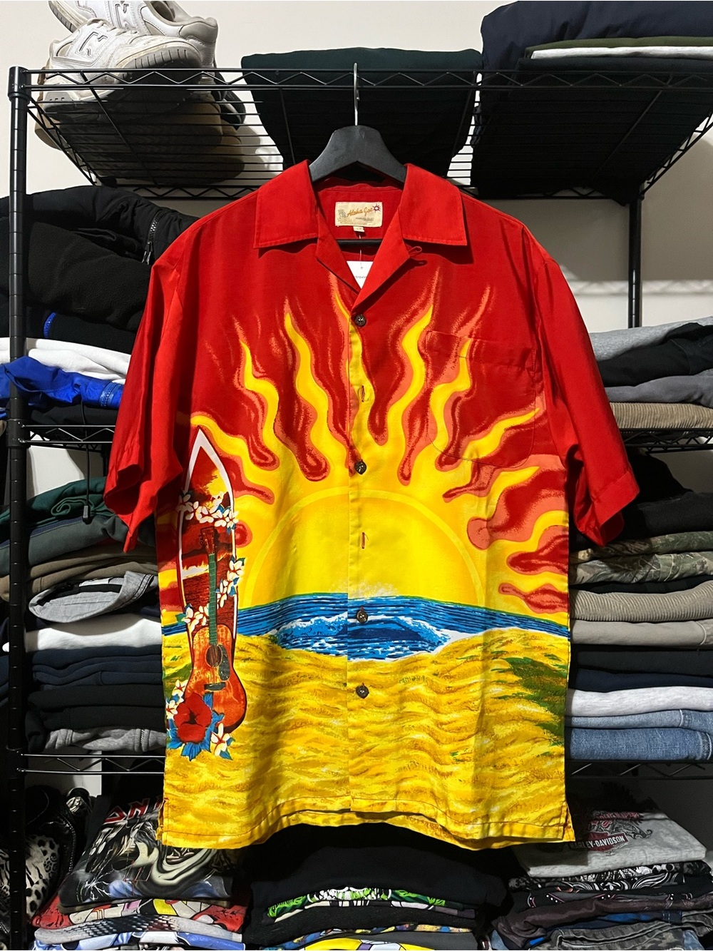 Men's Red & Yellow Sunset Print Short-Sleeve Button-Down Shirt